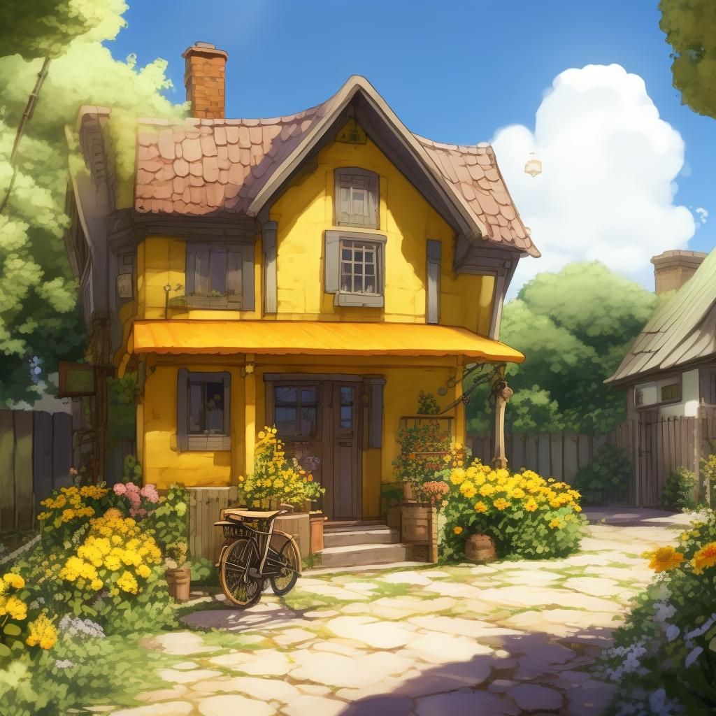 direct front view of facade of a A small yellow house in a village, with a flower garden and a mailbox. The house has a porch and a swing, and a bicycle is leaning against it. A sunny day, illustration, detailed illustration, detailed illustration by Studio Ghibli